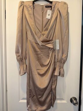 Lovers + Friends Champagne Satin Draped Midi Dress